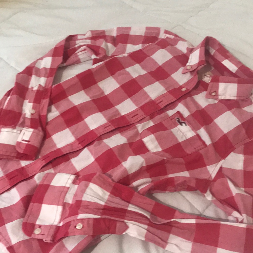 Hollister Red and White Platter Button up shirt.